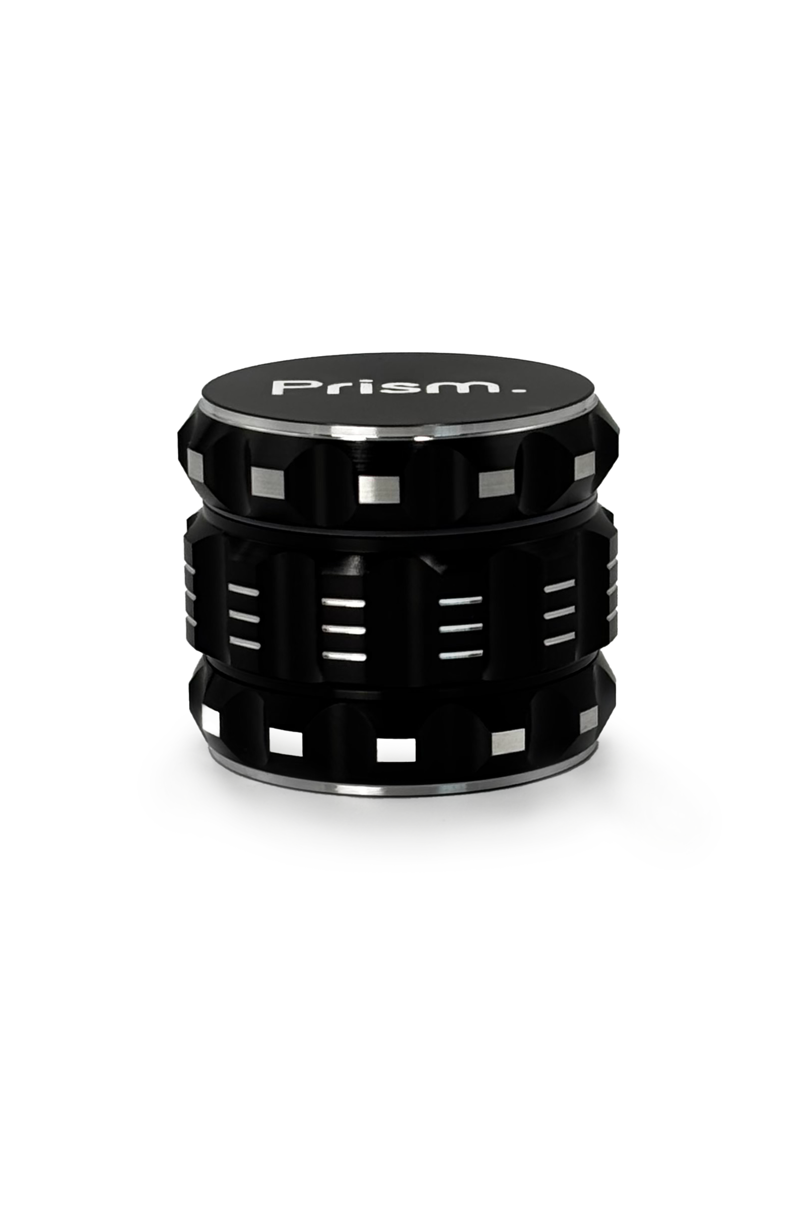Side view of the black aluminum Prism Water Pipes grinder. Highlights the ergonomic silver accents for superior grip while grinding dry herb.