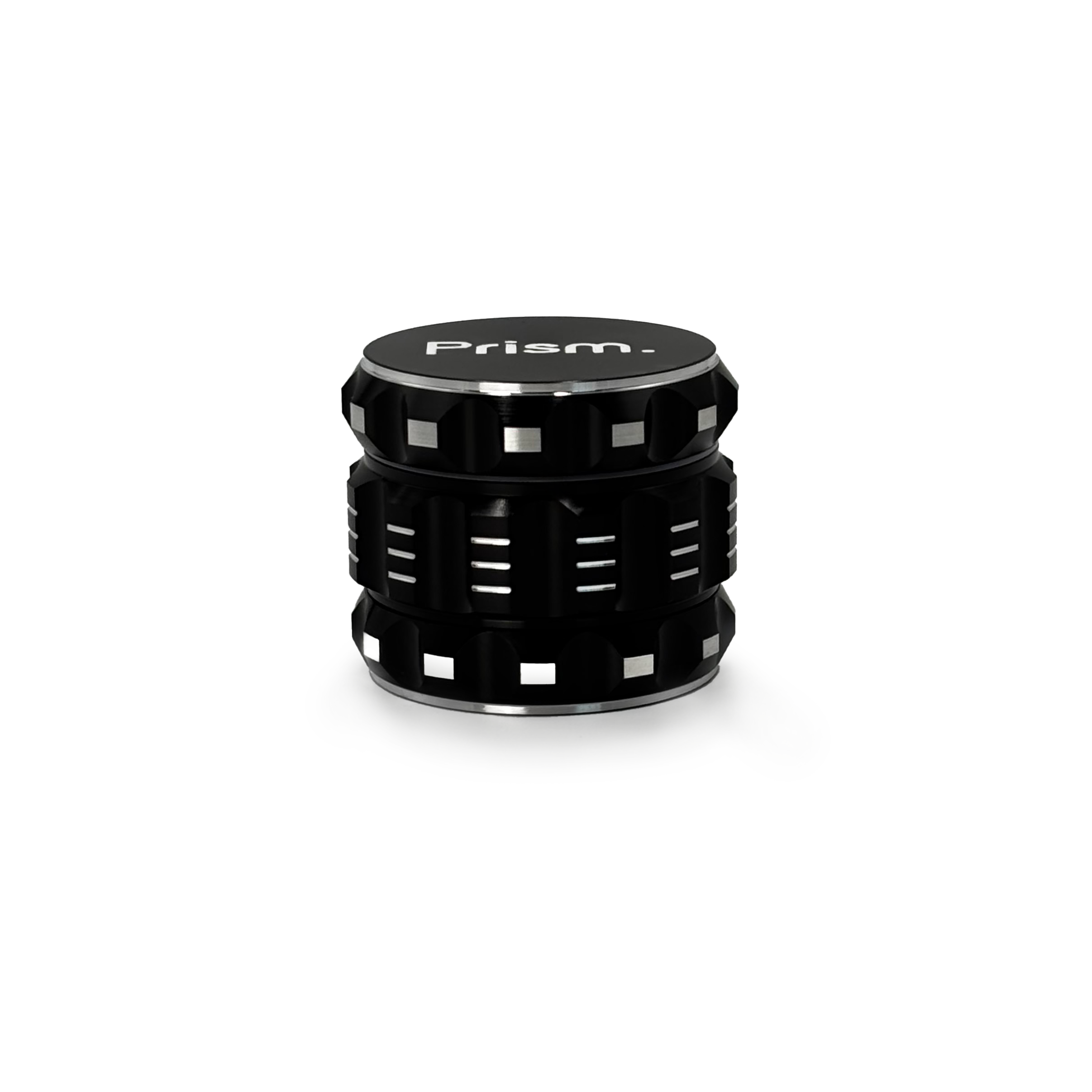 Side view of the black aluminum Prism Water Pipes grinder. Highlights the ergonomic silver accents for superior grip while grinding dry herb.