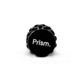 Black 3-Piece aluminum cannabis grinder by Prism Water Pipes. Side view shows branded faceplate and silver, ergonomic grip accents.