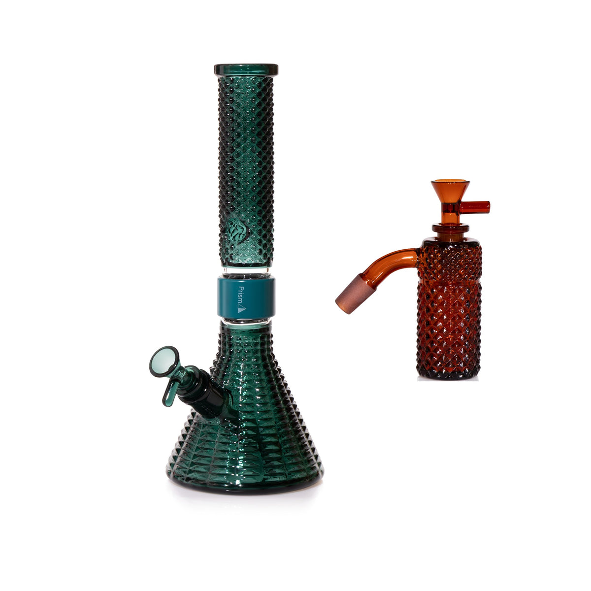 Jane West Essential Bundle: Amber 45° ash catcher and Teal Jane West beaker bong