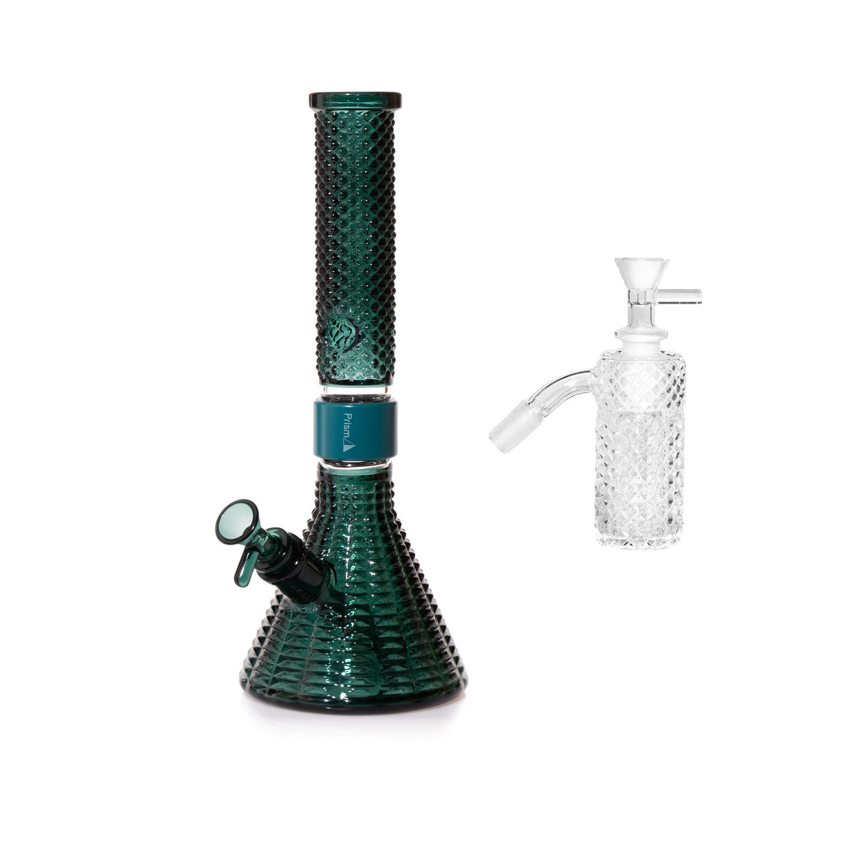 Jane West Essential Bundle: Clear 45° ash catcher and Teal Jane West beaker bong