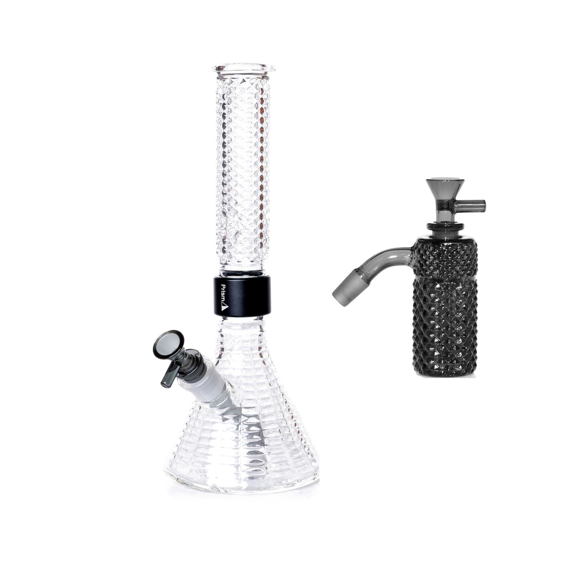Jane West Essential Bundle: Midnight 45° ash catcher and Clear Jane West beaker bong