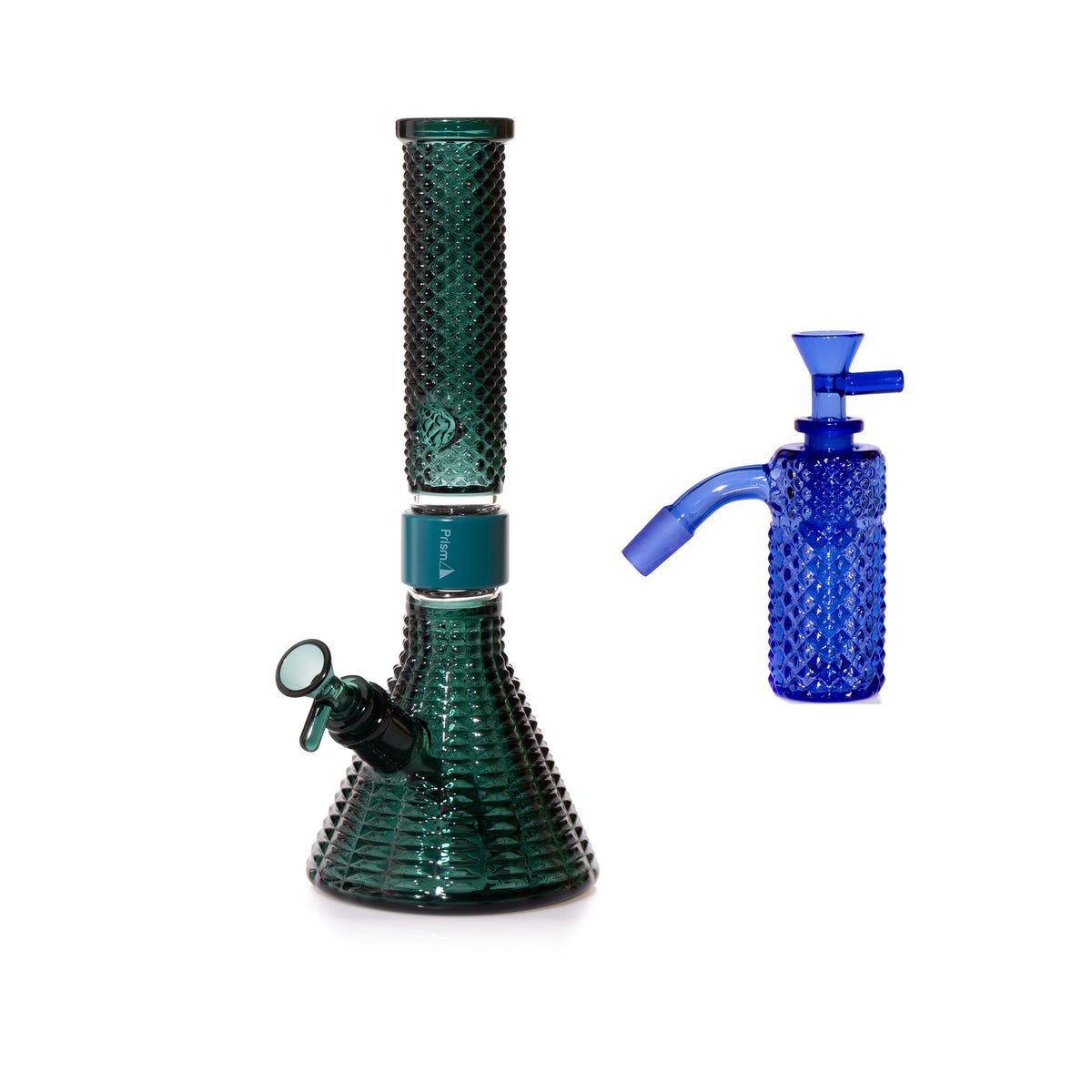 Jane West Essential Bundle: Sapphire 45° ash catcher and Teal Jane West beaker bong