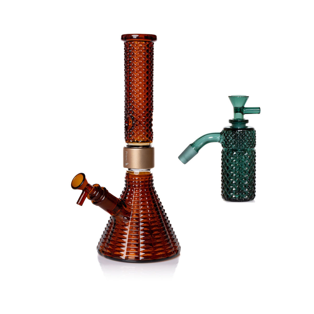 Jane West Essential Bundle: Teal 45° ash catcher and Amber Jane West beaker bong
