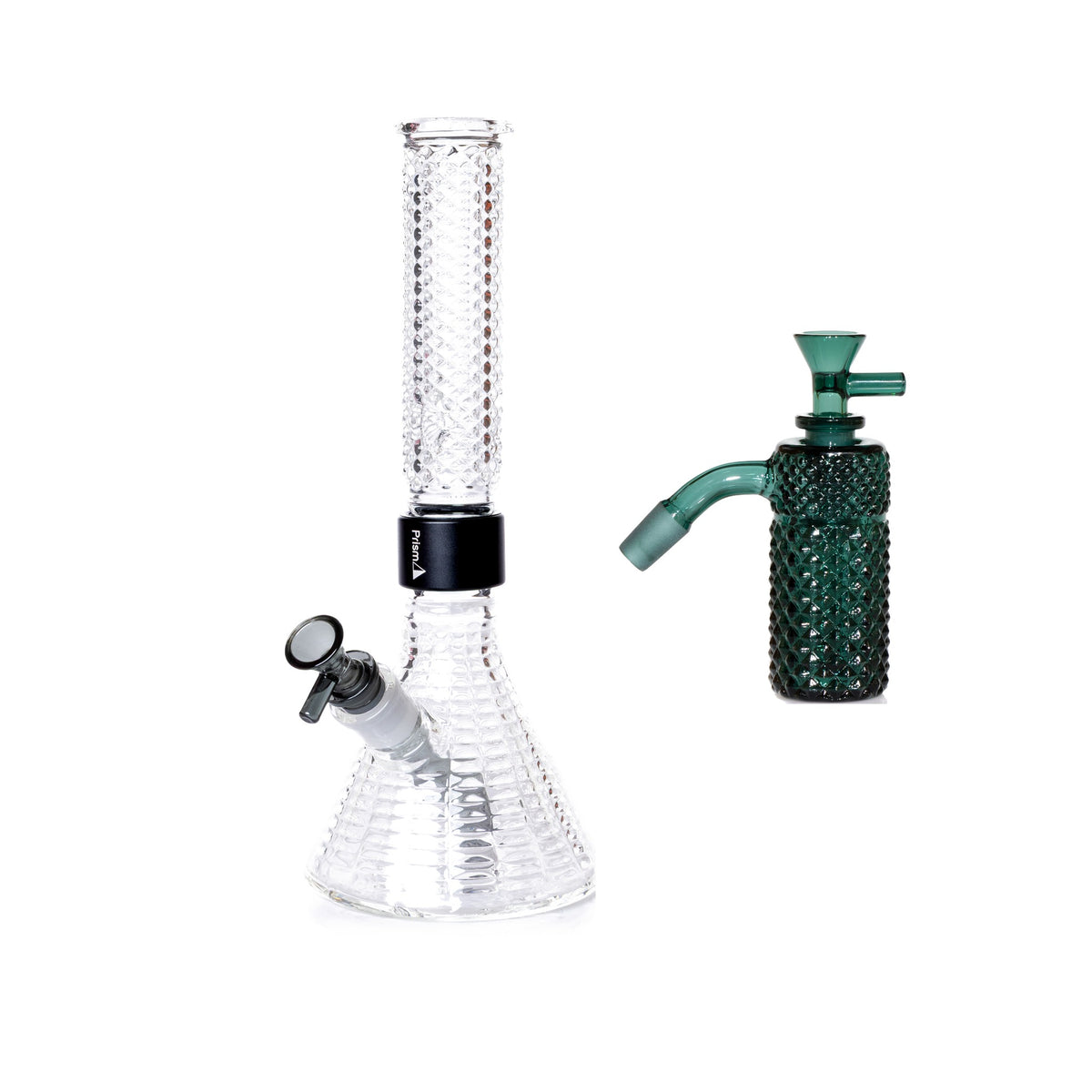 Jane West Essential Bundle: Teal 45° ash catcher and Clear Jane West beaker bong